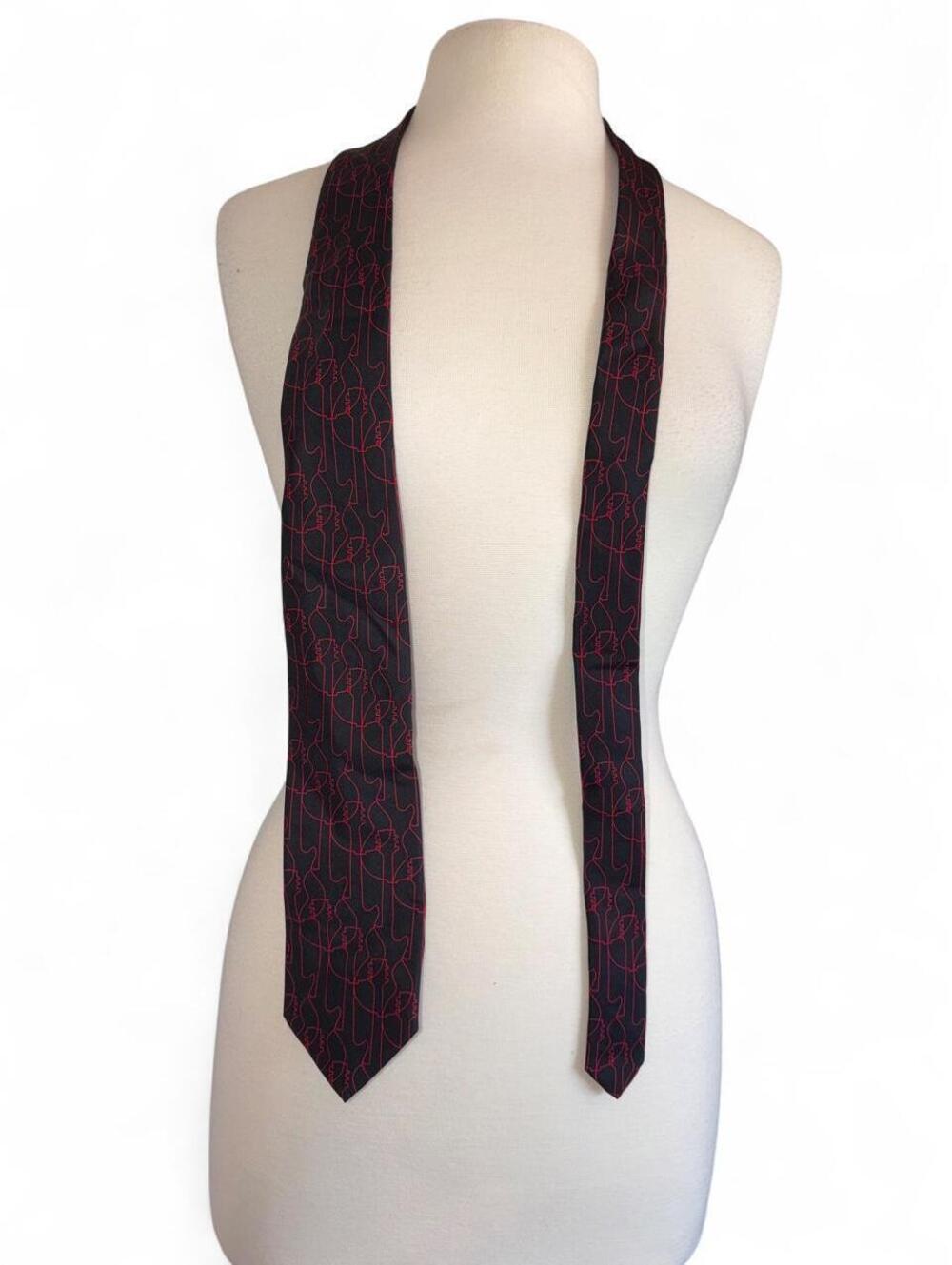 Josh Bach 100% Silk Necktie - Black with Neon Pink/Red Abstract Guitar Pattern